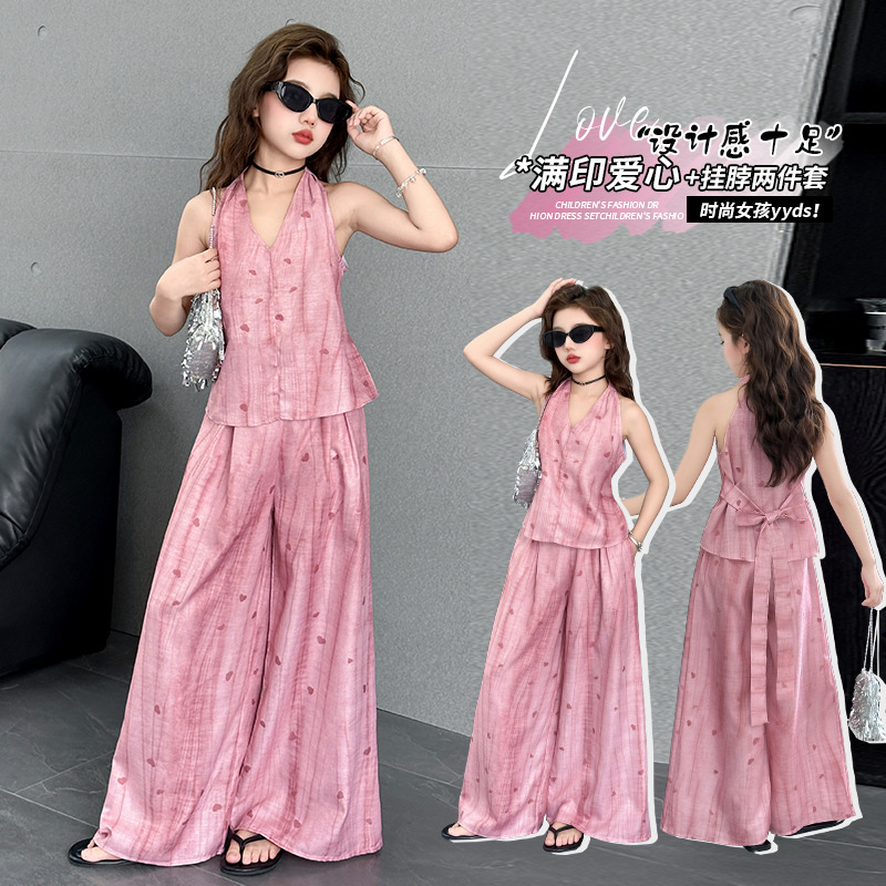 Girls' Sweet Style Pink Halter Top and Skirt Suit 2025 Summer New Tea Break Embroidered V Neck T-Shirt Pants
