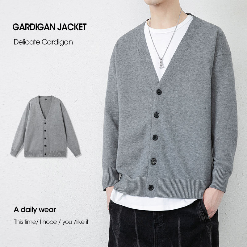 Cardigan Jacket Men's Spring and Autumn Men's V-neck All-match Japanese Top Men's Black Fashionable Casual Knitted Sweater