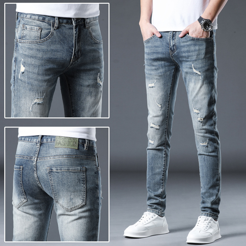 Xintang nuevo rasgado bordado jeans de estilo coreano de los hombres de moda estiramiento adelgazante Delgado casual pequeños pies pantalones largos hombres