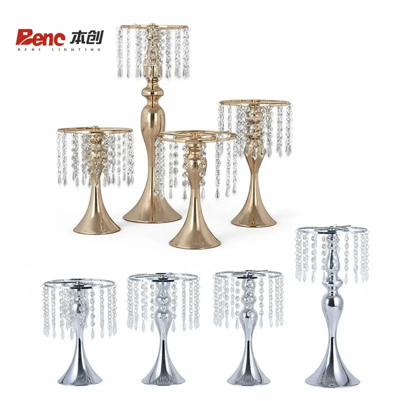Table centerpiece stand 8360-1 — iron frame with crystal bead chains, chromine or golden, 20×H28–55 cm