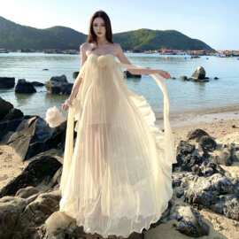 抹胸立体花朵百褶长裙三亚海边度假仙女沙滩裙图片色雪纺修身型