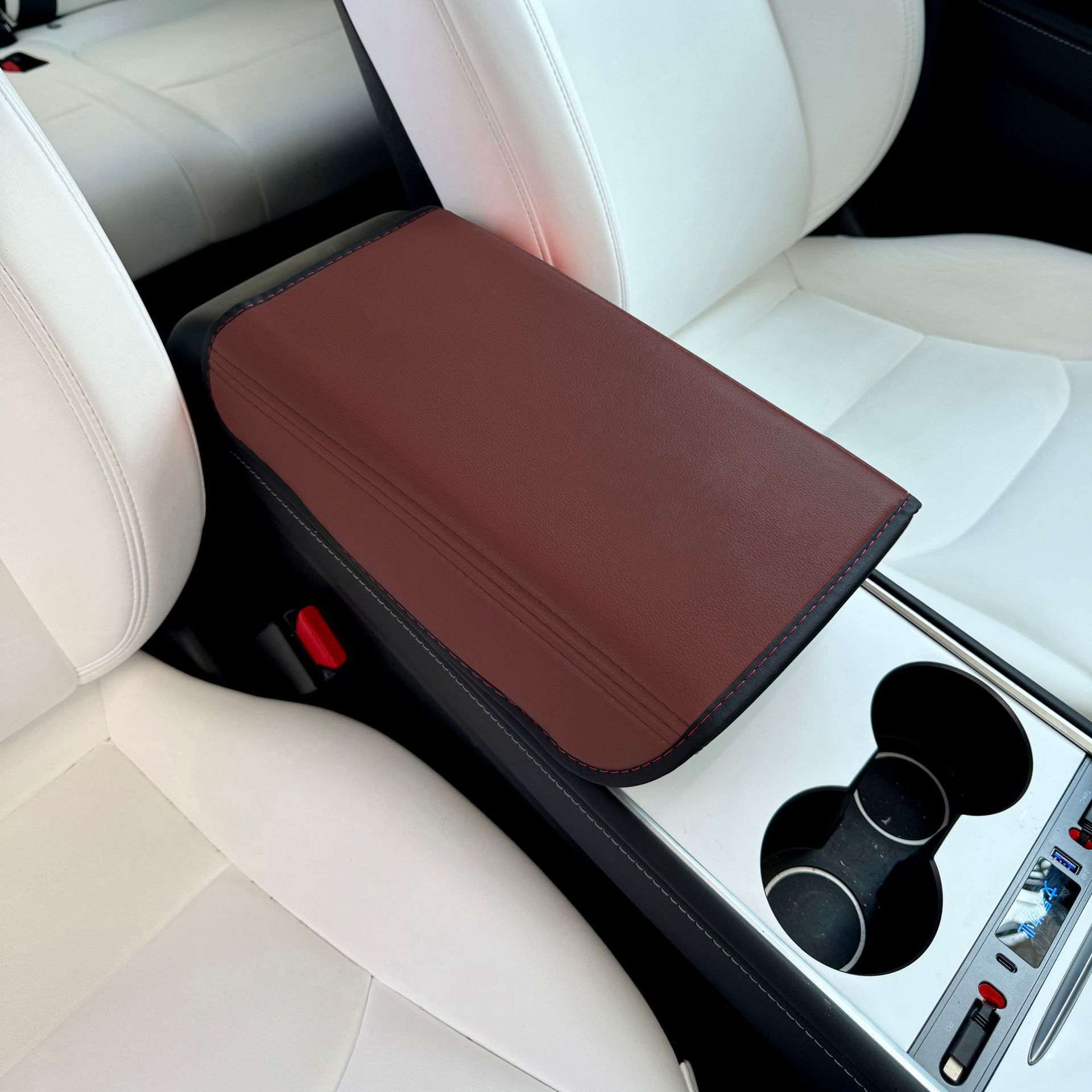 Armrest box pad | Tesla Leather Cover for - tesla-no-logo-burgundy