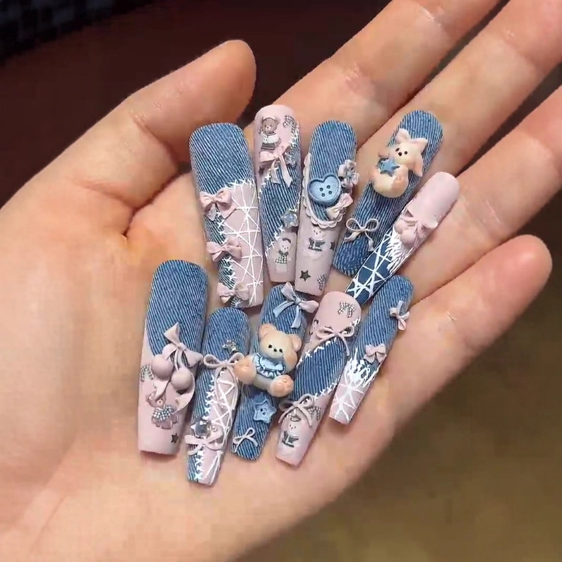 小熊爱心蓝色牛仔纹法式可爱软萌立体百搭比熊diy穿戴甲装饰组合