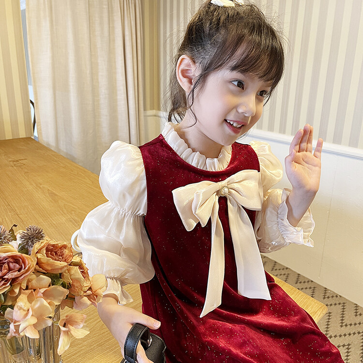 Girls' Spring and Autumn Long sleeved High end 2023 Western style Hepburn Small Fragrance Bow Bubble Sleeve Dress_voghion.com