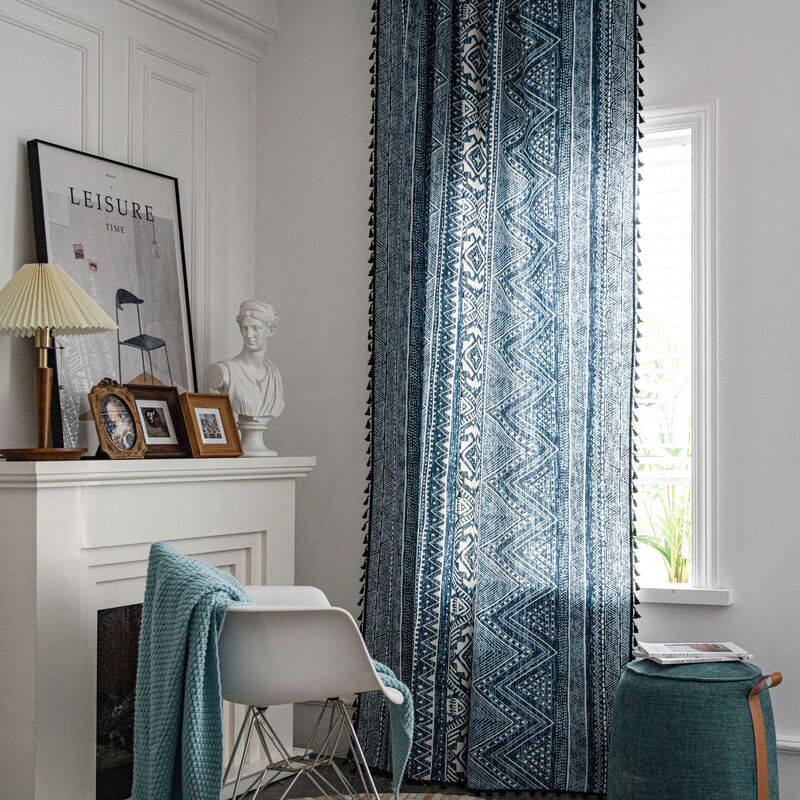 Imam Qiyun Curtain Bohemian Style Blue Geometric Printed Curtain Finished Kitchen Curtain Bay Window Curtain Imam Qiyun Curtain Bohemian Style Blue Geometric Printed Curtain Finished Kitchen Curtain Bay Window Curtain
