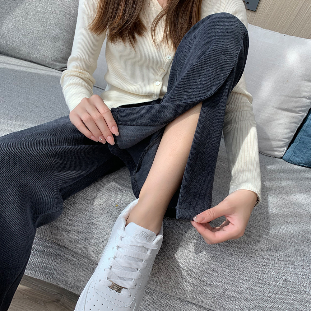 코듀로이 와이드 레그 바지 여성 가을 겨울 새로운 2023 한국 스타일 분할 엘라스토 높은 허리 슬리밍 캐주얼 바지 여성 바지
