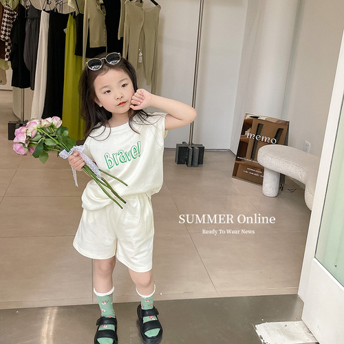 Elmo Beibei boys and girls neutral casual letter contrast short-sleeved tops shorts suit summer children's clothing