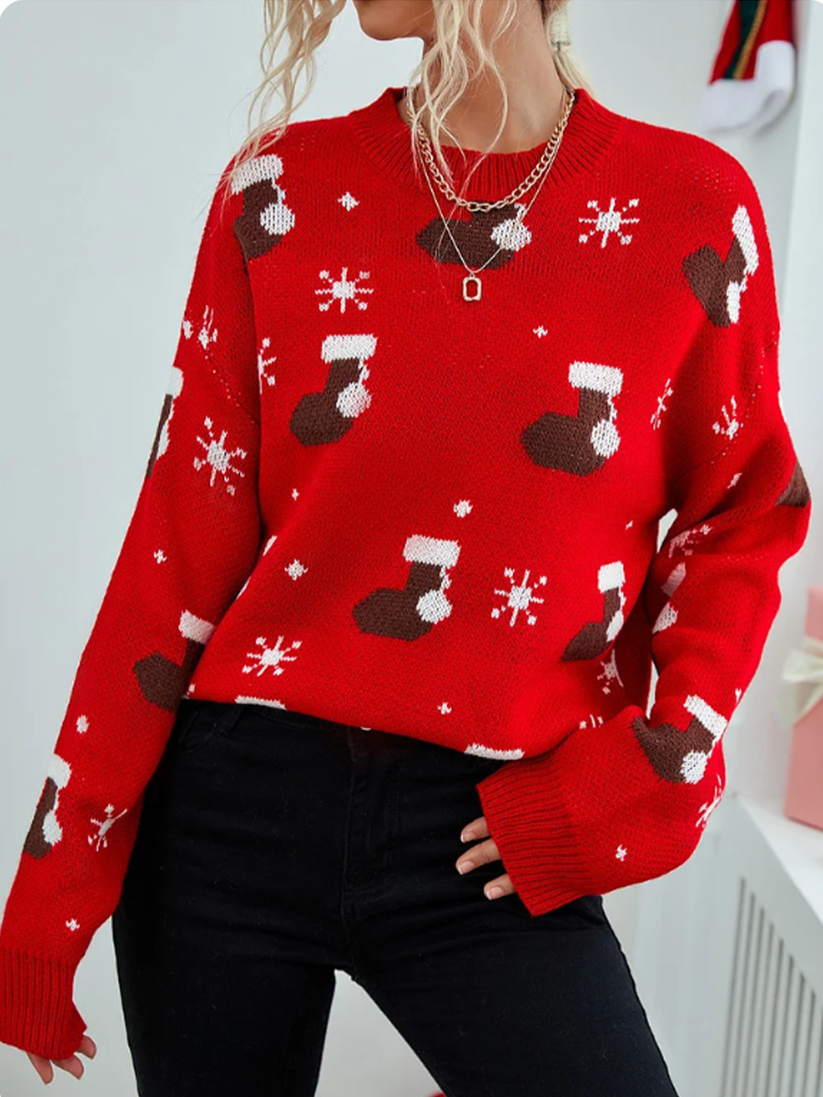 Weihnachtlicher Strickpullover für Damen – Gemütlicher Oversize-Pullover mit festlichen Mustern, weiche Polyester-Langarmtunika_voghion.com