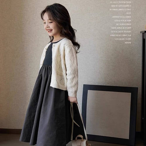 Stylish Knitted Dress for Girls - 2024 Spring New Arrival Children's Korean Version with Splicing Design, Literary Long-Sleeved Skirt