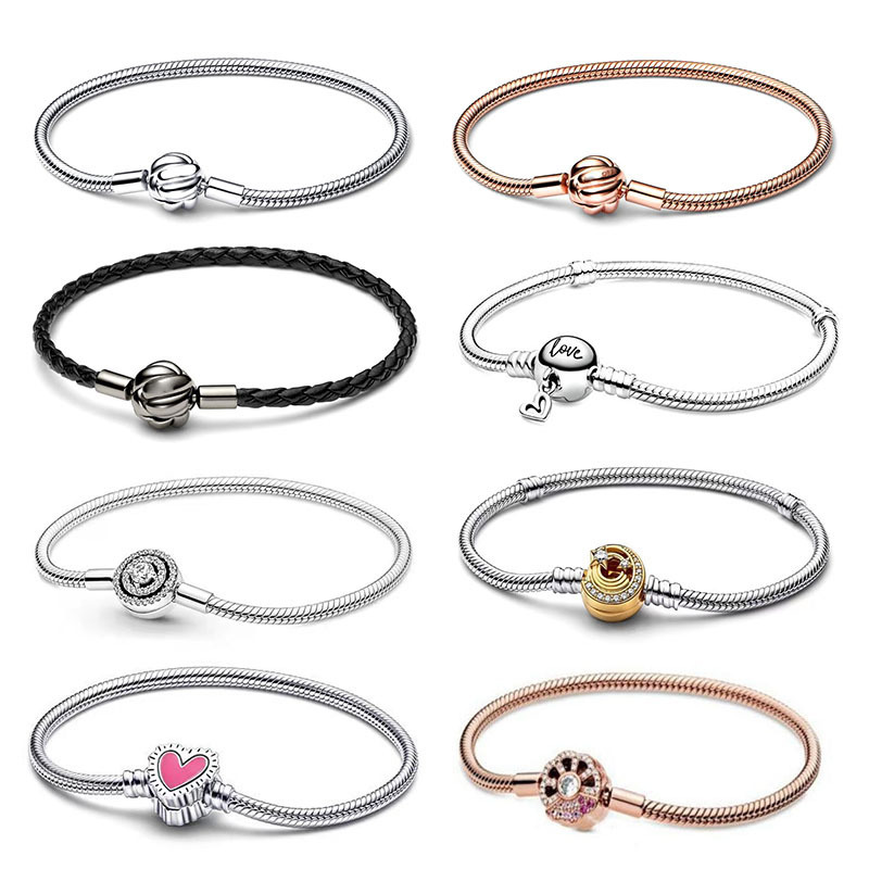 Pandora S925 White Copper Plating Silver Plating Beads DIY with Heart Knot Snake Bone Chain Leather Rope Love Bracelet Pandora S925 White Copper Plating Silver Plating Beads DIY with Heart Knot Snake Bone Chain Leather Rope Love Bracelet