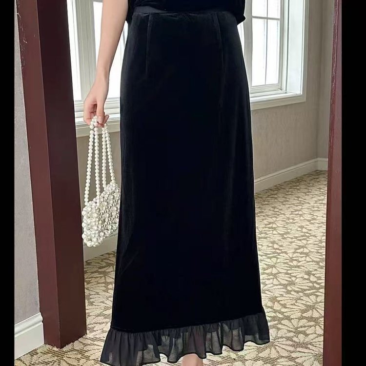 一件代发金丝绒半身裙女2025秋季款松紧腰显瘦后开叉鱼尾裙包臀裙|undefined