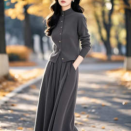 灰色针织套装女2025早秋春季新款气质韩版感开衫上衣半身裙两件套