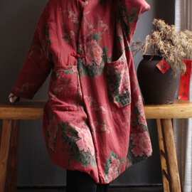 秋冬棉麻民族风复古大花开衫棉衣外套盘扣棉服宽松大码棉袍女