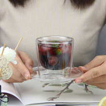 180ml小容量带玻璃盘子套装咖啡杯高底带双层隔热水杯烛台小酒杯