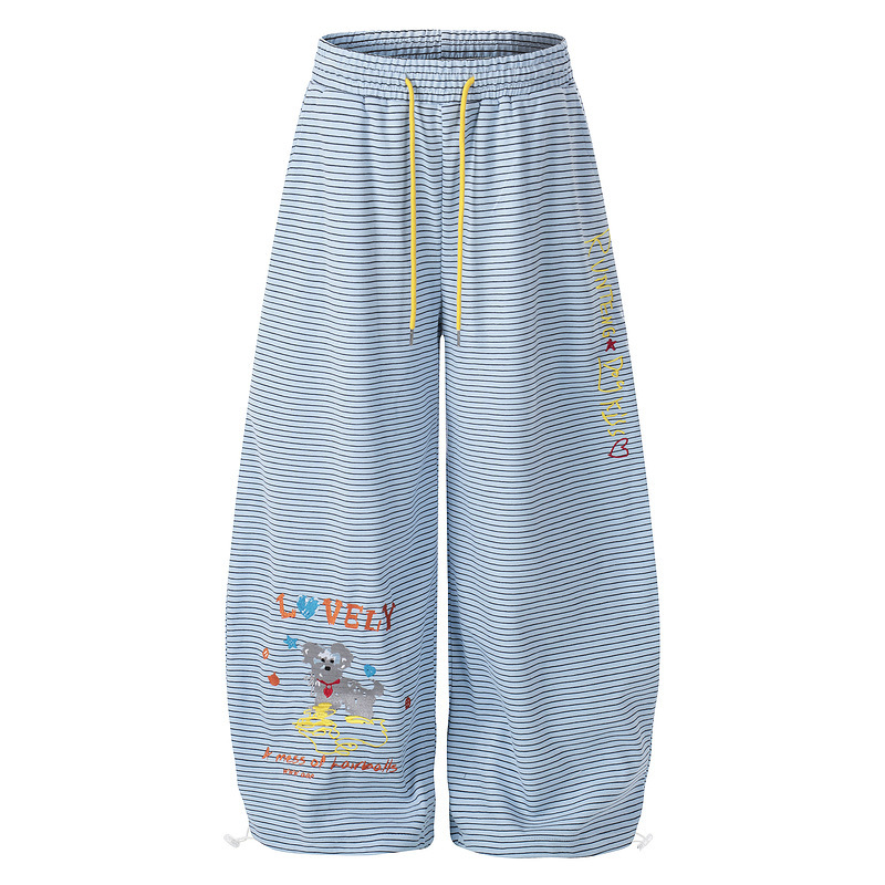 Cute American-Style Embroidered Striped Sweatpants for Women, Loose and Lazy with a Drapey Feel, Dance Wide-Leg Pants, Casual Pants