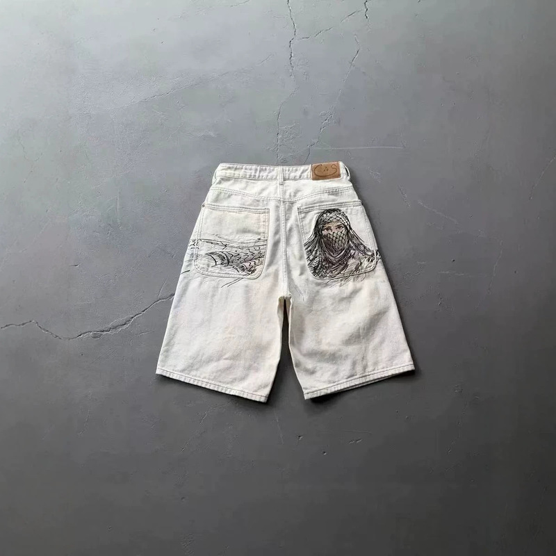Derschutze Chrome Cool Style American Heavy-Duty Embroidered Denim Shorts for Men Trendy Brand Knee-Length Shorts Derschutze Chrome Cool Style American Heavy-Duty Embroidered Denim Shorts for Men Trendy Brand Knee-Length Shorts