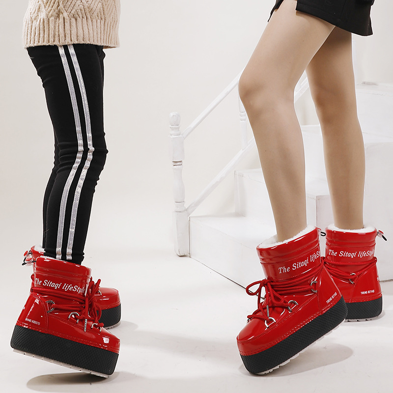 Inventario personalizado multi-color brillante padres niños niños hombres y mujeres nieve gruesa base espacio luna botas gruesas impermeables antideslizantes y cálidas