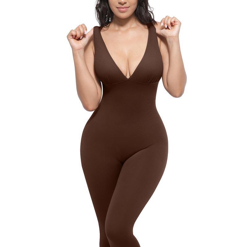 Women's High-Waisted Workout Jumpsuit | Stretchy Yoga Bodysuit With V-Neck & Back Support | Tummy Control Fitness One-Piece (Red/Black/Brown) S-3XL_ecoleips.com
