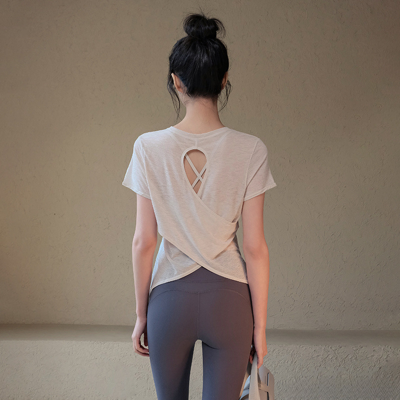 Wholesale Yoga Clothes for Women, Summer Sports Tops, Beautiful Back, Loose Breathable Blouses, Running Short-Sleeved Quick-Drying Shirts, Fitness Clothes