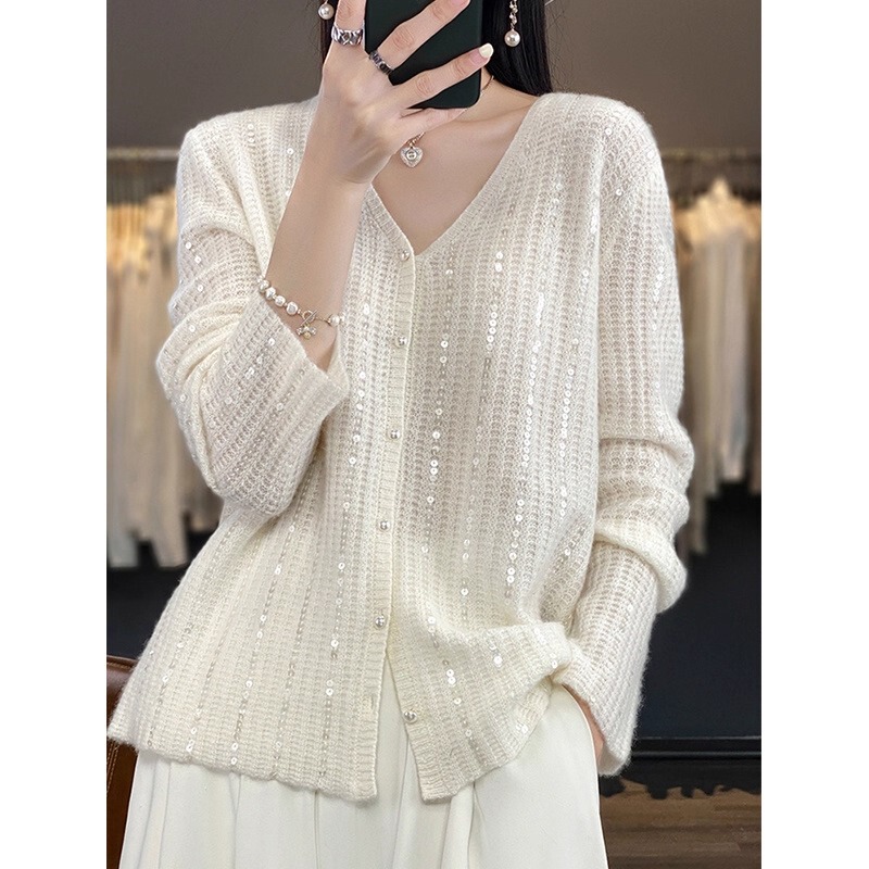 V Neck Knitted Cardigan Women's Autum New Heavy Sequin Lazy Style Top Loose Pearl Button Sweater Jacket