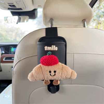 hook bag, front and rear Car cup holder/beverage holder - black-leather-cup-holder-with-hook-croissant-red-beret