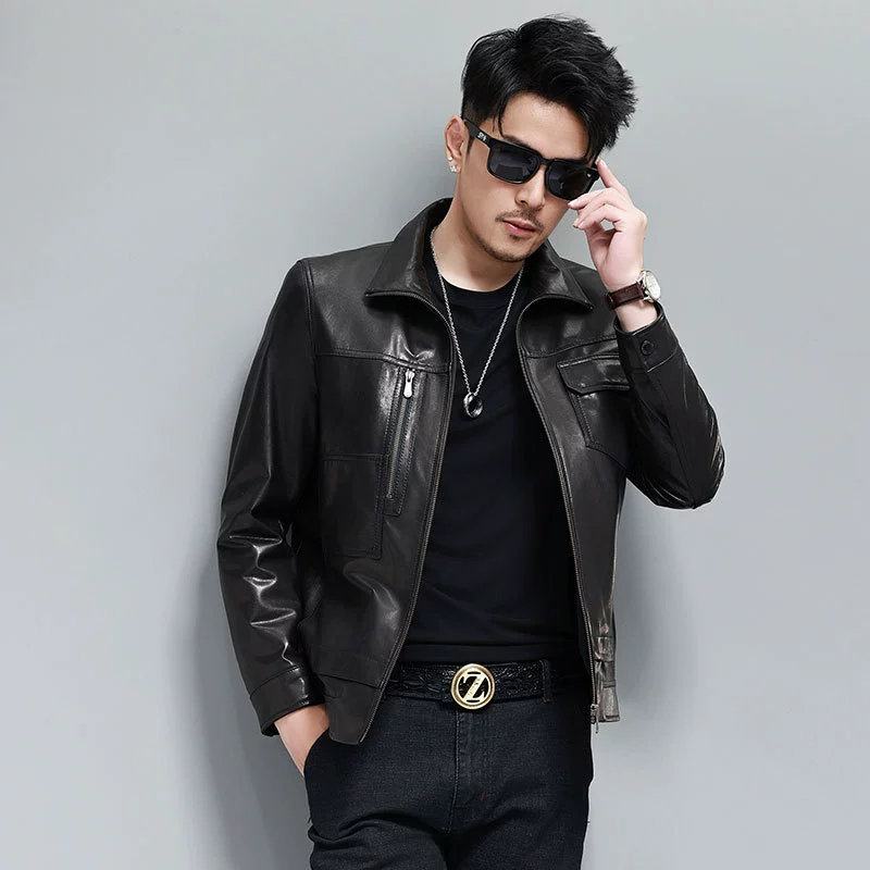 Autumn jacket with zipper, genuine leather