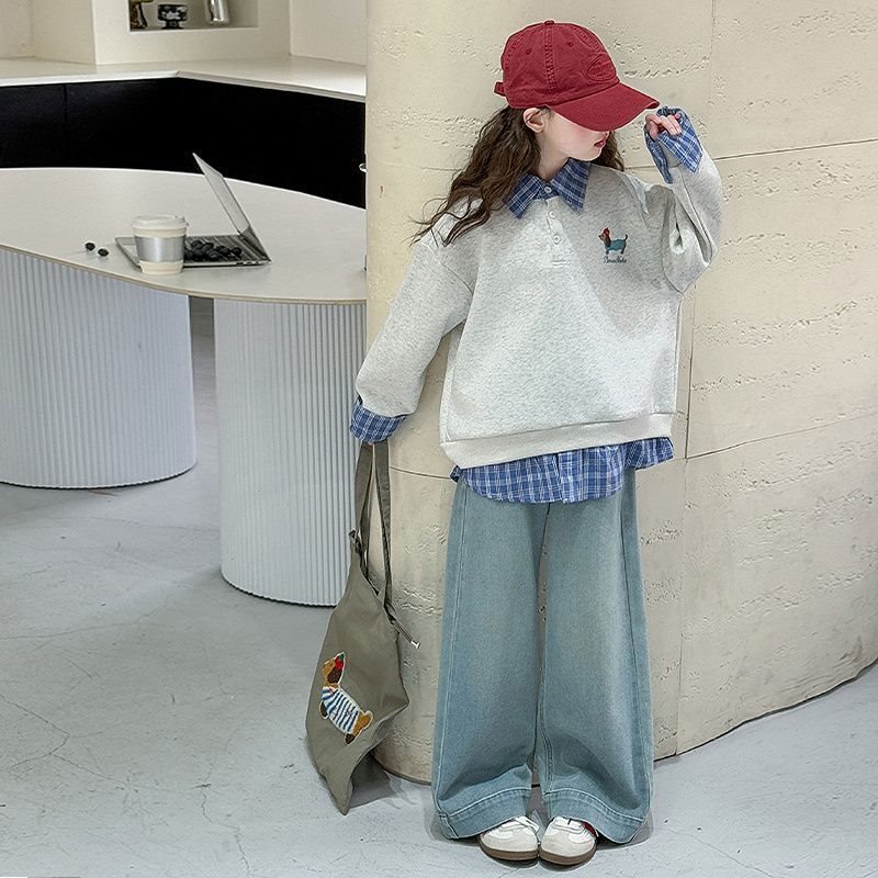 2026 Spring New Korean Style Hoodie Polo Set - Casual Long-Sleeved College Style, Stylish Girls' Two-Piece Set
