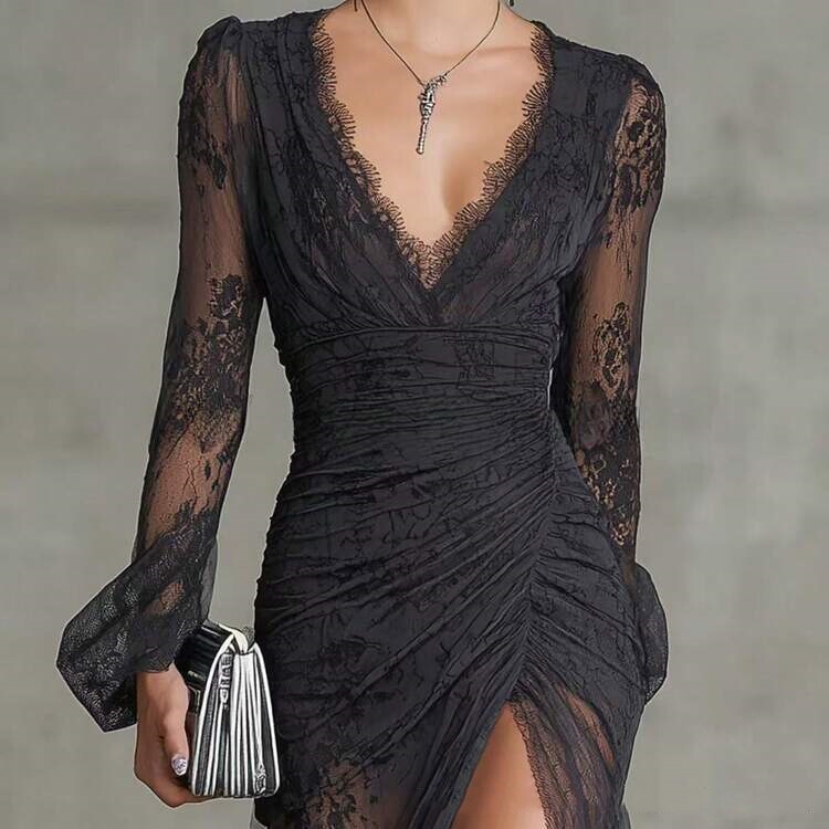 Sexy Hot Girl Lace Patchwork Long-Sleeve Slim-Fit Bodycon Mini Dress for Women 2026 Cross-Border European and American Foreign Trade Wholesale