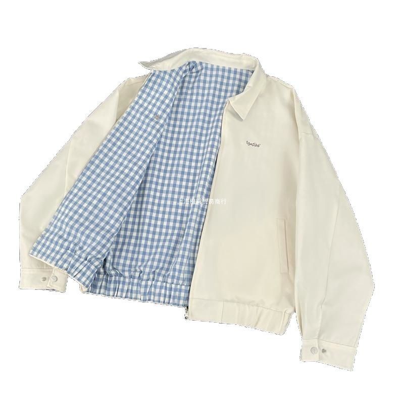 春アメリカンスタイルリバーシブルラペルフライトジャケットメンズ 2025 新しいカップルルーズ多用途作業服チェック柄卸売|undefined