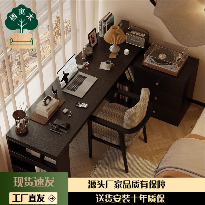 Corner with Bookcase Integrated Desk Home Bedroom Corner L-Shaped Computer Desk Black Wall Desk