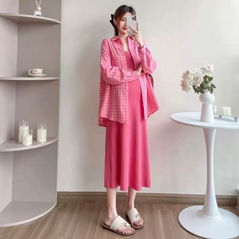 High-End Maternity Set, New Spring and Summer Style, Sun-Protective Shirt, Trendy Pink Maternity Slip Dress, Long Inner Dress High-End Maternity Set, New Spring and Summer Style, Sun-Protective Shirt, Trendy Pink Maternity Slip Dress, Long Inner Dress