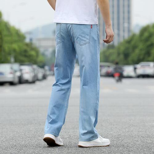 Spring and summer loose large straight leg jeans men's plus fat and extra large size wide-leg pants mid-youth light blue wide-leg jeans