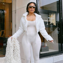 J25TP285欧美女装跨境秋冬新款纯色休闲修身拉链口袋棉服外套批发