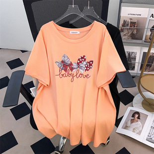 Round Neck New Plus Size Slimming Look Loose Mid-Length Short-Sleeved T-Shirt for Women 200/300/350 Pounds 1064