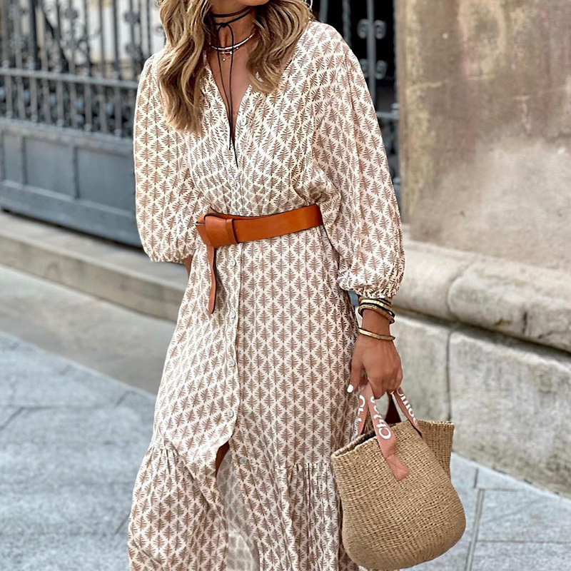 In Stock 2025 Autumn New Cross-Border Fashion Belt-Printed V-Neck Simple and Elegant Long Dress In Stock 2025 Autumn New Cross-Border Fashion Belt-Printed V-Neck Simple and Elegant Long Dress