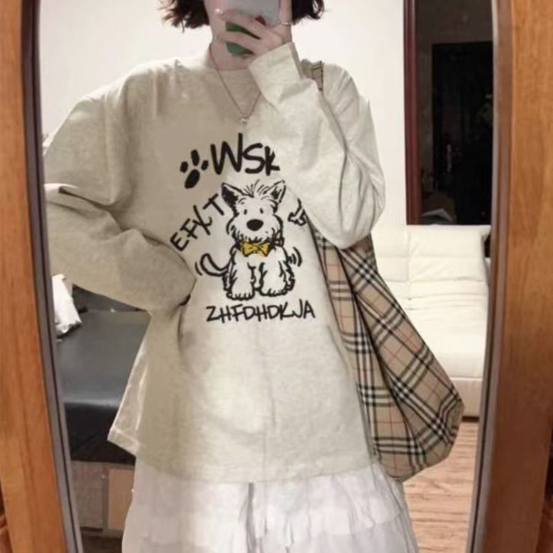 美式长袖t恤女春秋新款宽松慵懒风小众设计感打底衫上衣|undefined