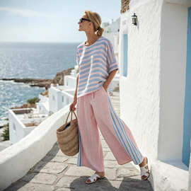 跨境印花短袖衬衫长裤套装舒适休闲宽松圆领上衣高腰长裤两件套