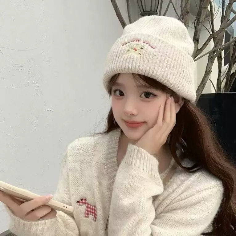 2025新款儿童2件套装可爱刺绣小狗针织毛线帽百搭男女童围巾保暖