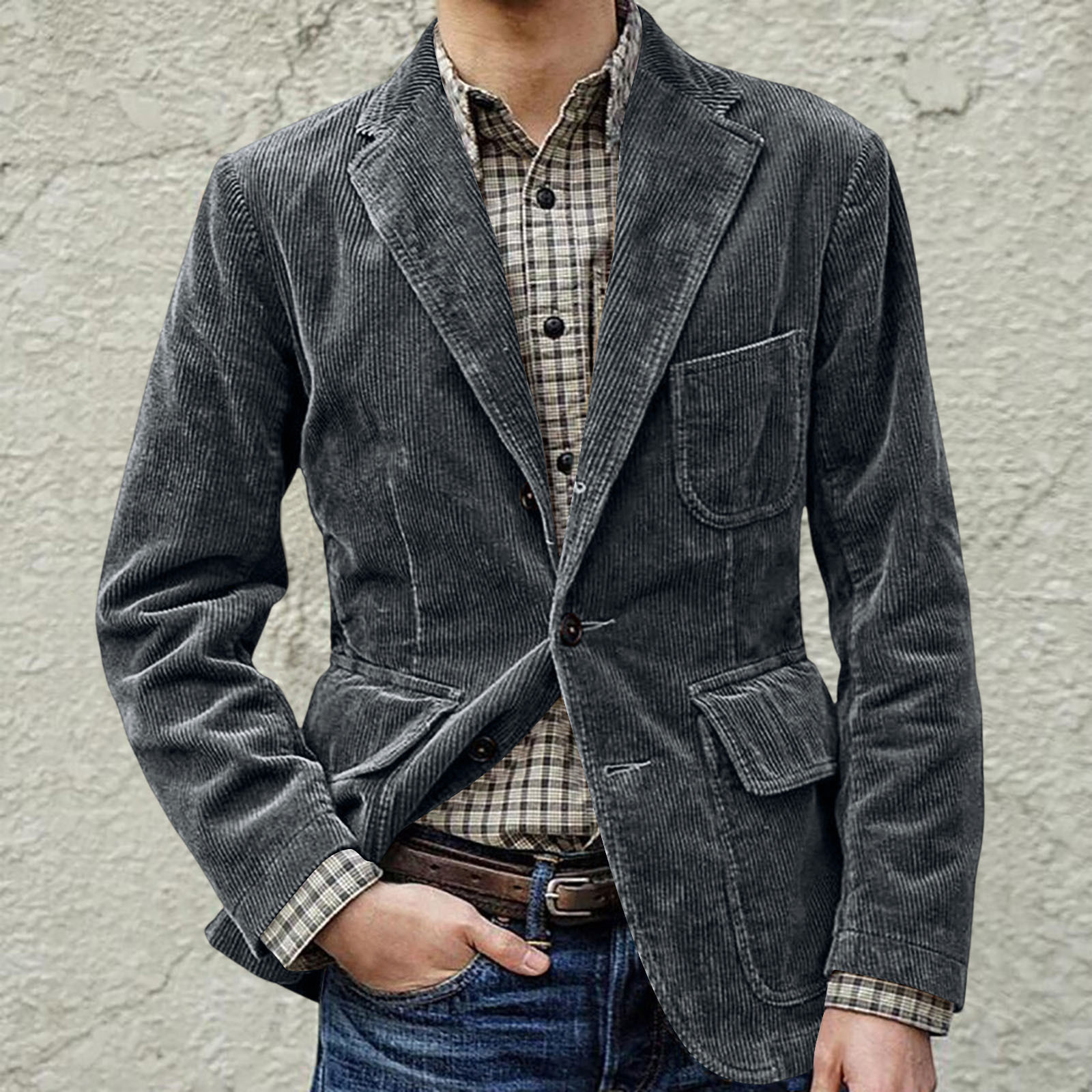 Primavera y otoño 2024 nuevo traje de pana retro casual chaqueta plana traje de color sólido para hombre