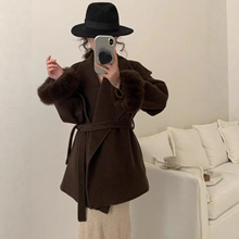 2025秋冬新款真狐狸毛袖大翻领冬腰带气质显瘦羊毛大衣女双面羊绒
