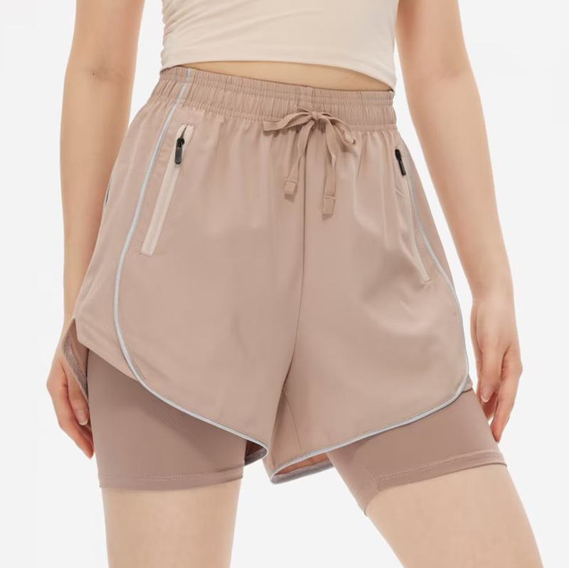 High-Waisted Double-Layer Anti-Exposure Sports Three-Quarter Pants for Women, Quick-Drying Running Shorts, Fake Two-Piece Fitness Pants, Long Lining for Cycling