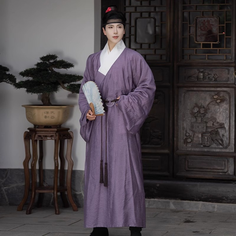 Hanfu Men's Clothing Ancient Style Adult Cross-Collar Long Shirt Men's Traditional Clothing Ming-Style Robe Purple Straight Robe Tencel