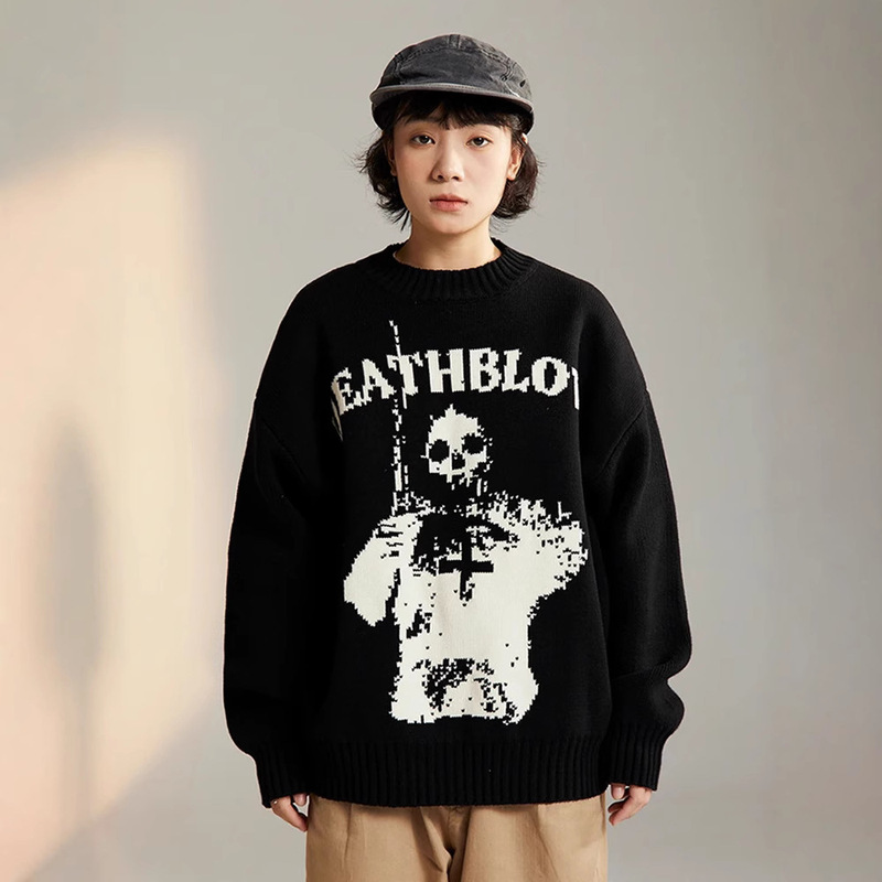 Cross Border Sweater Women's Y2k Top Long Sleeve Jumper Knitted Skull Coat Winter American Gothic Knitted Sweater