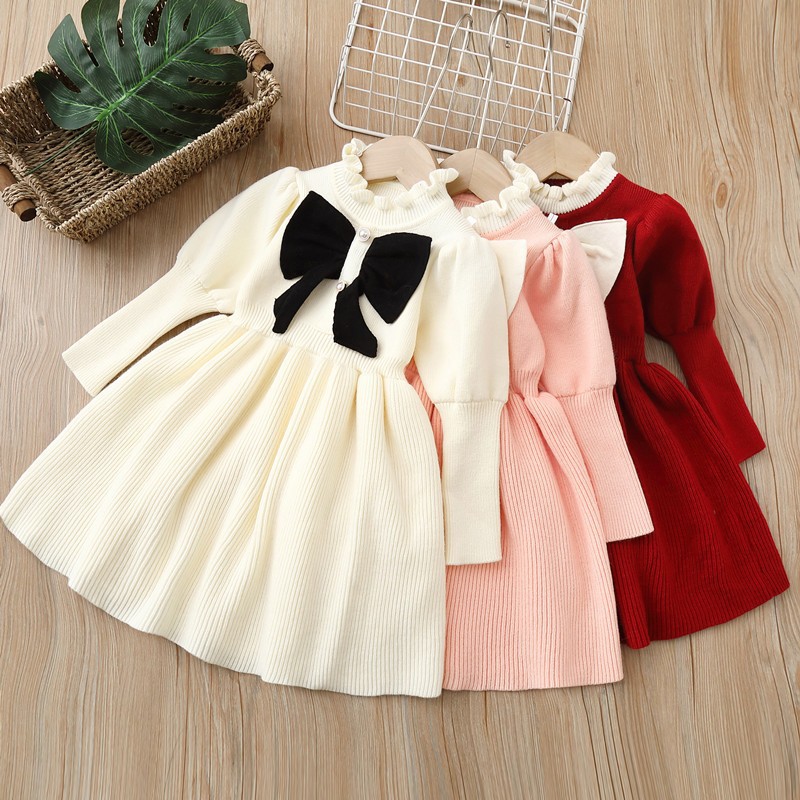 Cross-border trade girls' big bow sweater dress, children's clothing knitted dress, new fashion long dress for baby girls