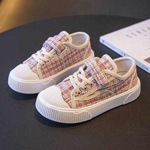 Plaid children's canvas shoes 2024 spring and autumn new style lightweight flat sneakers for boys and girls, middle and older children's student sports shoes