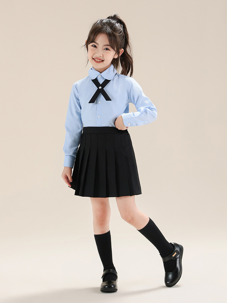 Traje de falda plisada estilo universitario para niños, camisa azul de manga larga para niñas de primavera y otoño, traje de actuación para niñas de escuela primaria