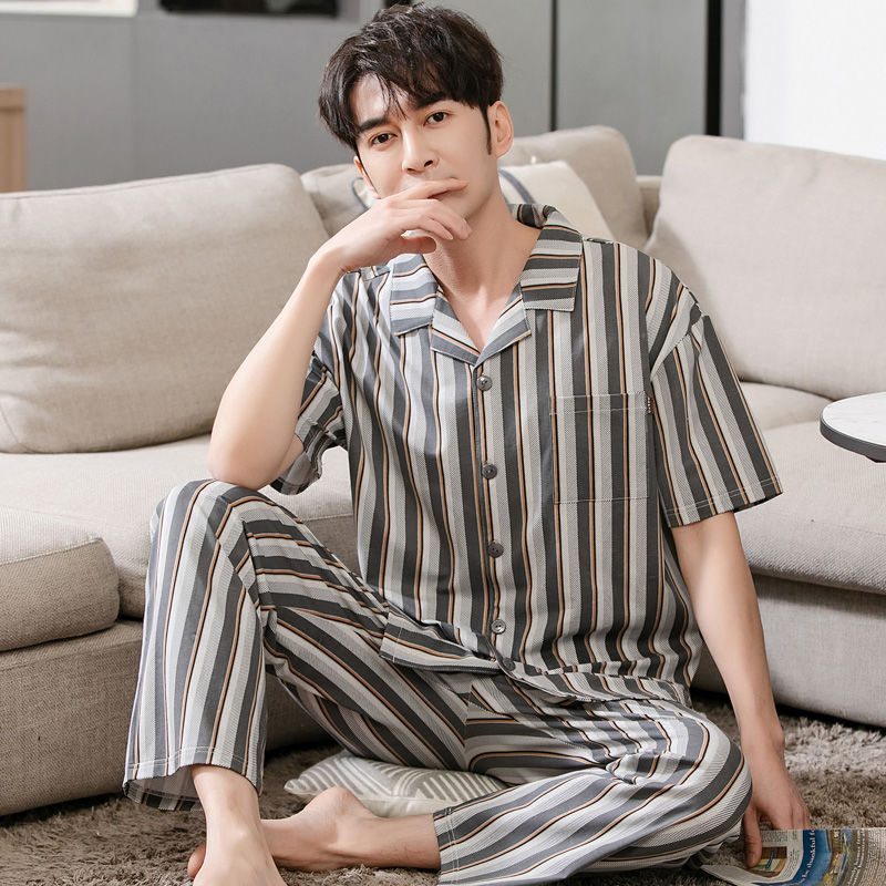 Pijamas de los hombres de verano 100% algodón pantalones de manga corta de media manga de primavera y otoño delgada cardigan ropa para el hogar más tamaño