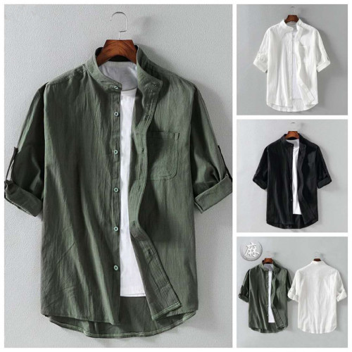 Wholesale Cross-border Men's Linen Short-Sleeve Shirts Men's Seven-Sleeve Cotton-Linen Stand Collar Blouses