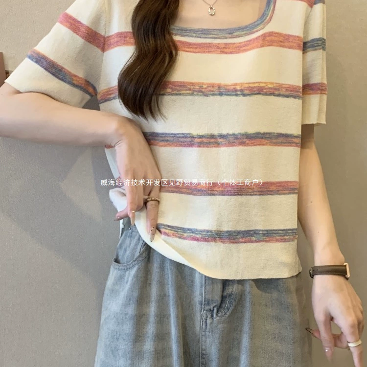 Женская футболка из ледяного шелка с короткими рукавами в радужную полоску, летняя, больших размеров, слегка полная, утягивающий топ с французским квадратным вырезом, стильная блузка.