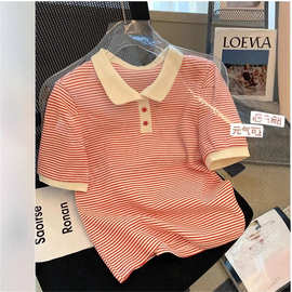 粉色条纹T恤女装夏季新款撞色拼接小众上衣 POLO领短袖T恤女跨境